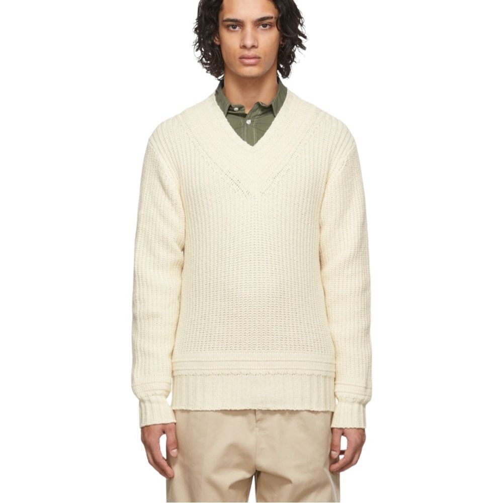 NEW Officine Generale Cream Gino V Neck Wool Blend Sweater Size L Made in Italy